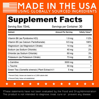 L-Carnitine Liquid 3000 mg Supplement with Green Tea Extract & Taurine - Energy & Muscle Recovery Support - 30 Liquid Packs